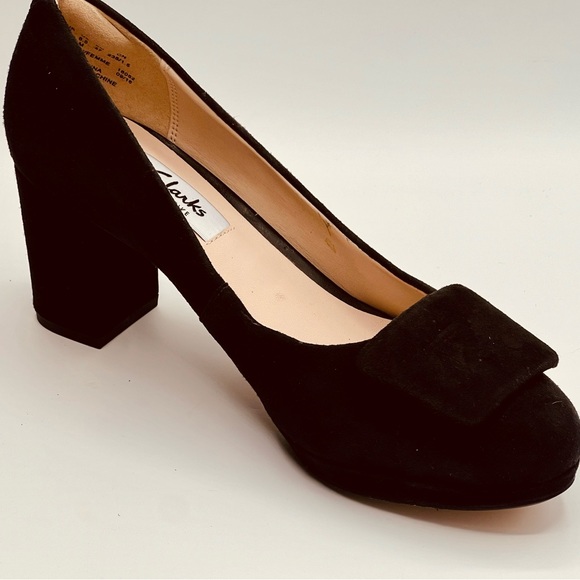CLARKS NWOT Narrative 2.5” Heel Black Suede Pumps W/Clip EU 37 US 6.5 - Picture 8 of 9
